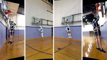 Four-photo collage of composite images of simultaneous captures from a camera tracking a man shooting a basketball as part of an artificial intelligence project.