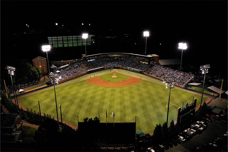 Aerial image of Boshamer Stadium at night during a baseball game between Carolina and West Virginia.