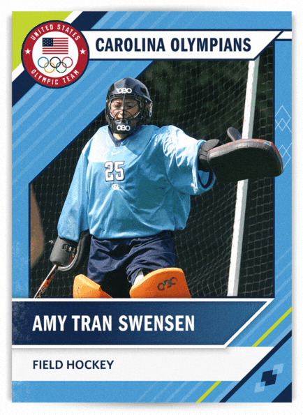 Front of card: Photo of Amy Tran Swensen defending goal. Field Hockey. Back of card: Hometown: Grantville, Pennsylvania. UNC years: 1999-2002. Four-year starter. Called one of UNC’s “all-time greats” by legendary coach Karen Shelton. First-team All-American and All-ACC in 2000. Second-team All-American and All-ACC in 2001. Swensen played goalkeeper on the U.S. team at Beijing (2008) and London (2012), helping the squad to eighth- and 12th-place finishes, respectively. Swensen is a two-time Pan American Games silver medalist. Named the top goalkeeper at the 2006 World Cup. During her U.S. career, played in 163 games. 