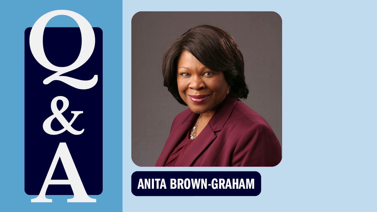 Q&A graphic with a picture of and name tag for Anita Brown-Graham
