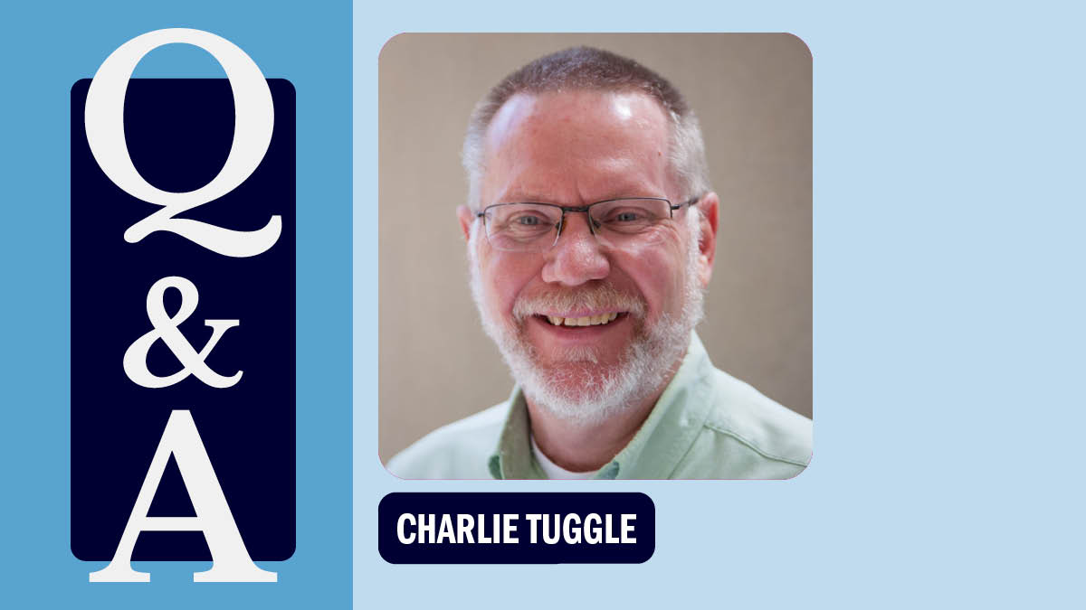 Q&A graphic with a picture of and name tag for Charlie Tuggle