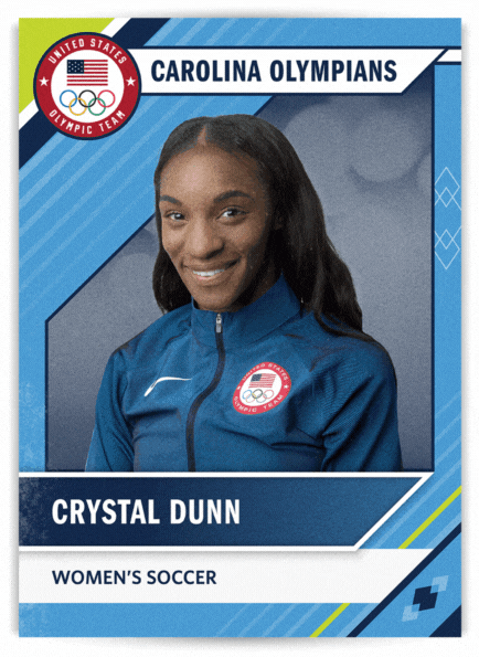 Front of card: Photo of Crystal Dunn in Olympic uniform. Soccer. Crystal Dunn. Hometown: Rockville Centre, New York. UNC years: 2010-14. Helped Carolina win 2012 NCAA title, Won Hermann Trophy (nation’s top player) and ACC’s Mary Garber Award (top female athlete). NWSL career: First overall pick in 2014 draft; 2015 league MVP with Washington Spirit; two-time NWSL champion, including 2019 title with North Carolina Courage. Dunn, on U.S. National Team set for Paris (2024), first made team in 2013. She has played in 147 matches, including (Rio) 2016 and the bronze-medal Tokyo Games (2020). Known for her positional versatility, she’s scored 25 goals for the U.S. 
