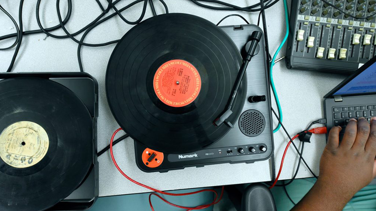 Overhead view of record player.