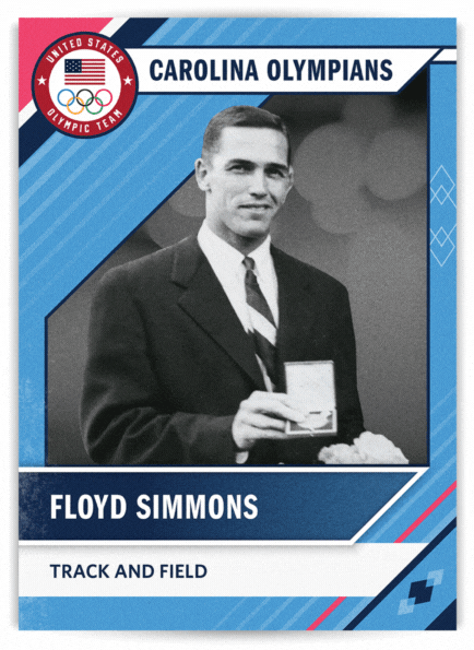 Front of card: Floyd Simmons. Track and Field. Back of card: Floyd “Chunk” Simmons. U.N.C. years: 1946-1947. Hometown: Charlotte, North Carolina. World War II Purple Heart recipient. Competed in 1946 national collegiate championships in low and high hurdles. Voted “most handsome boy” in 1946 UNC coed poll. Acted in movies, including “South Pacific.” An outstanding all-around athlete, he was Carolina’s first medal-winner. He won bronze medals in the decathlon at London (1948) and Helsinki (1952). Simmons also played on the Tar Heel football team two seasons before moving to California to train. 