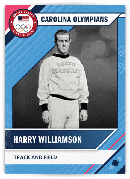 Front of card: Harry Williamson. Track and Field. Back of card: Hometown: High Point, N.C. Williamson was the first Tar Heel and North Carolinian Olympian. At Berlin (1936), he finished sixth in the 800 meters. Afterwards, the U.S. team went to London for an exhibition meet. There Williamson helped the U.S. run a world-record 4 x 800-meter relay. UNC years: 1932-1936. Finished second in the NCAA mile in 1935. Broke the school’s three-mile record as a first-year. His “The Daily Tar Heel” editorial defended America’s decision to send athletes to Germany’s 1936 Games. Died at 86 in 2000.