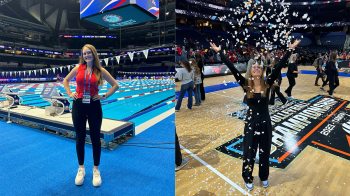 Julia Roth standing in front of Olympic swimming pool; Kaitlyn Schmidt throwing confetti in air on basketball court