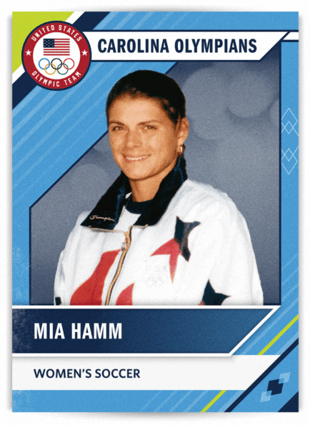 Front of card: Photo of Mia Hamm in Olympic uniform. Soccer. Back of card: Mia Hamm. Hometown: Selma, Alabama. UNC years: 1989-1994. First played for U.S. at 15. 95-1 record as a Tar Heel. Scored 158 goals in 276 matches for the U.S. Inducted into the National Soccer Hall of Fame in 2007. As the face of women’s U.S. soccer, Hamm helped grow the game in1990s and 2000s. Her time on the U.S. national team spanned 1987 to 2004 and included two Olympic gold medals (Atlanta 1996, Athens 2004), a bronze (Sydney 2000) and two World Cup titles (1991, 1999). Her UNC teams won four national titles. 