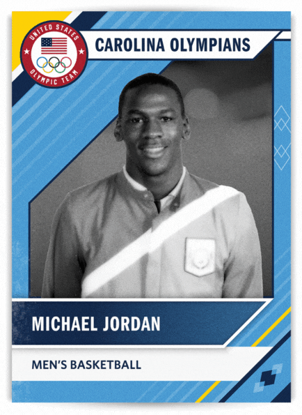 Front of card: Photo of Michael Jordan in Olympic uniform. Basketball. Back of card: Michael Jordan. UNC years: 1981-1984. Hometown: Wilmington, N.C. Two-time first-team All-American. National player of the year as a junior. Won six NBA titles with Chicago Bulls. Led NBA in scoring 10 times and named MVP six times, both league records. Considered the best basketball player ever by many, he hit the game-winning shot in 1982 NCAA championship game, won two Olympic gold medals, first at Los Angeles (1984), where he led U.S. in scoring with 17.1 points per game and on gold-medal Dream Team in Barcelona (1992). 
