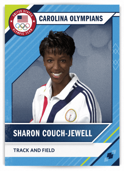 Front of card: Sharon Couch-Jewell in Olympic uniform. Track and Field. Back of card: Sharon Couch-Jewell. Hometown: Rice, Virginia. Years at Carolina 1987-1991. Five-time All-American, Won eight individual ACC titles and led UNC to seven successive ACC championships, Named outstanding performer at three ACC championship meets. In 1992, became first Black woman to win the Patterson Medal as Carolina's outstanding senior athlete. Finished sixth in the long jump at Barcelona (1992), competed in the 100-meter hurdles at Sydney (2000) and was a member of five U.S. teams at world championships while competing for 11 years as a professional long jumper and sprint hurdler. 