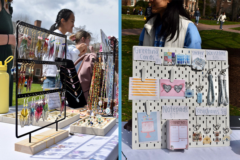 Two-photo collage: On the left is a jewelry display and on the right a photo of various crafts for sale, including notepads, keychains and stickers.