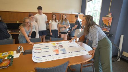 Professor shows poster with data to students