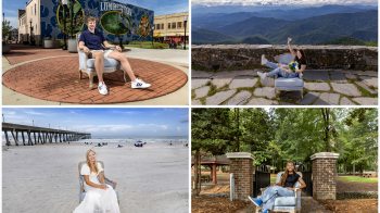 Four-photo collage: Matthew Foil sitting in a Carolina Blue Chair in downtown Lumberton, with a large building-side 