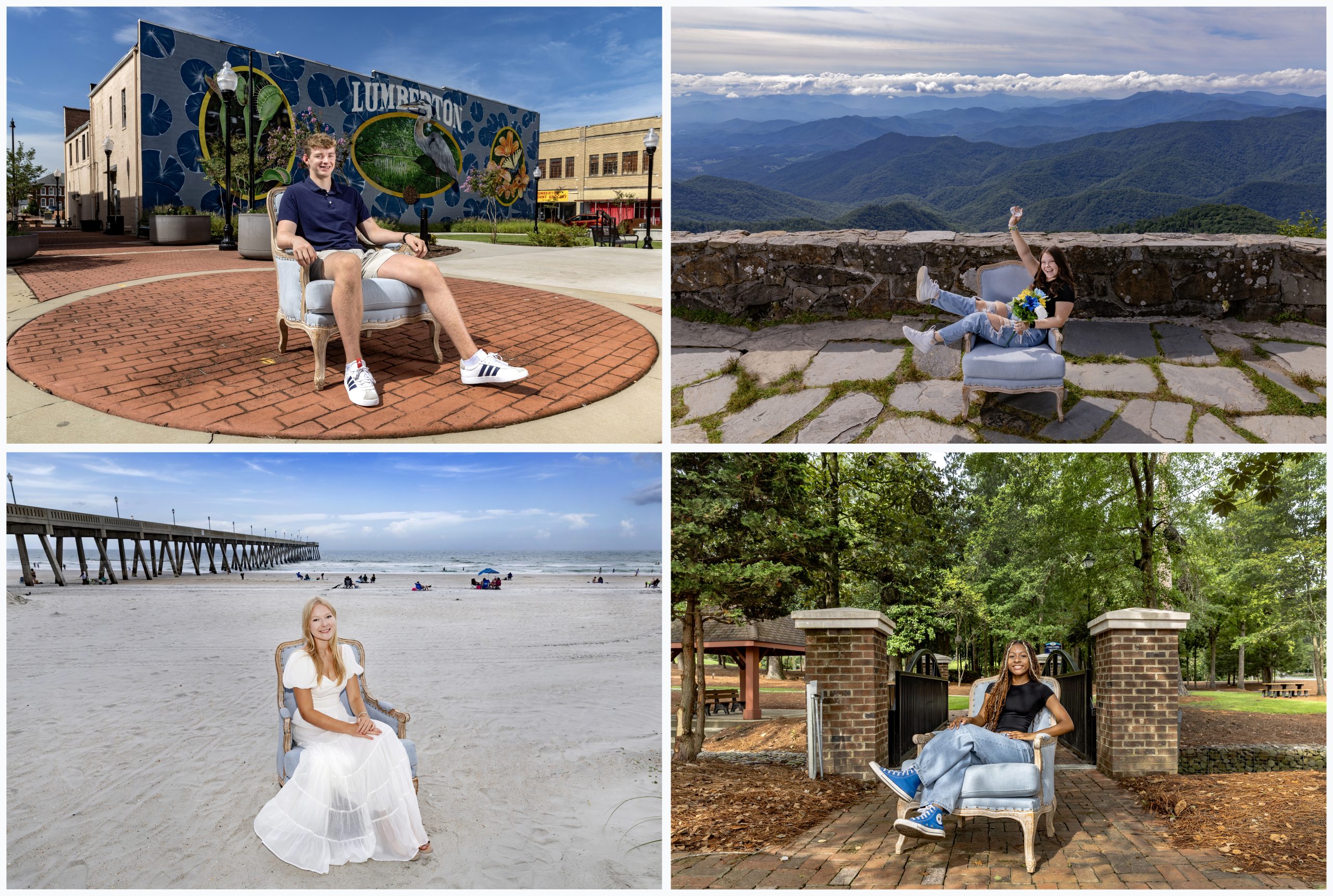 Four-photo collage: Matthew Foil sitting in a Carolina Blue Chair in downtown Lumberton, with a large building-side 