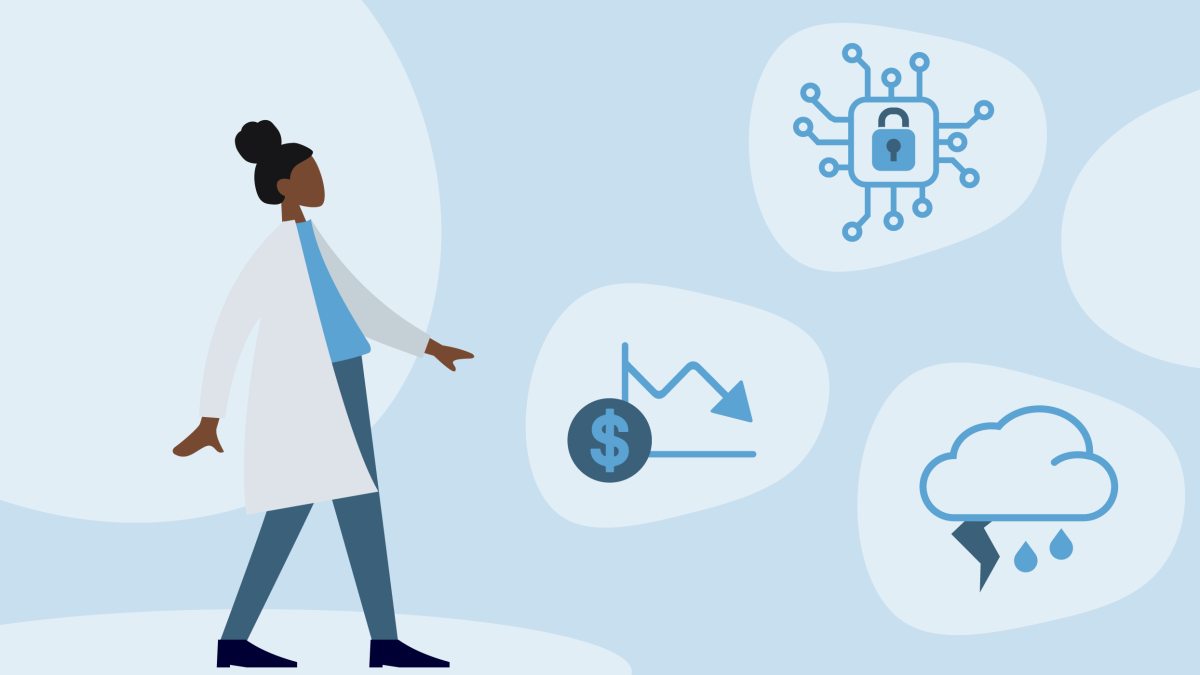 Graphic of researcher, financial chart, lock and storm cloud