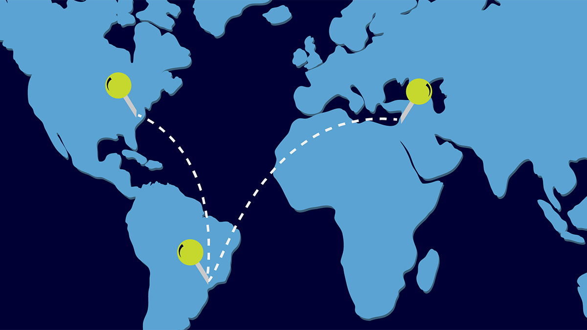 Global map graphic with pins over Sao Paulo, Brazil, Beirut Lebanon, and Chapel Hill, North Carolina, and dotted lines between those three locations to signify Aline Awada's geographic journey.