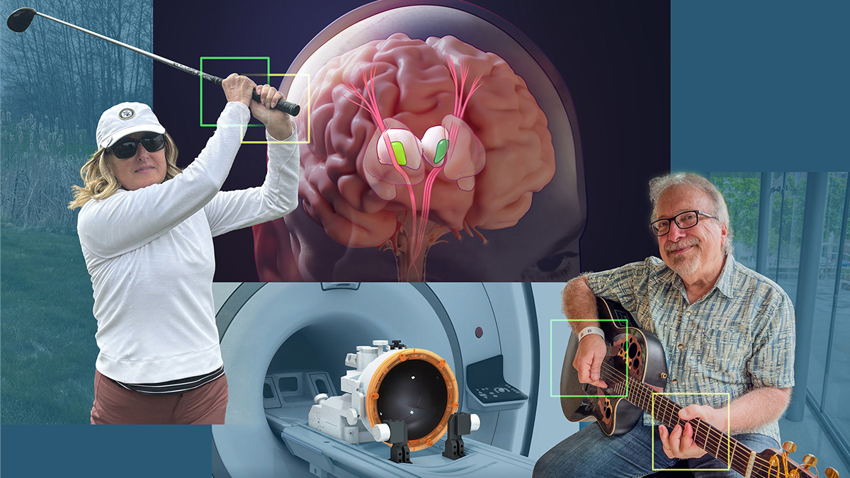 MRI machine surrounded by images of a brain animatic, man on guitar and a woman playing golf.