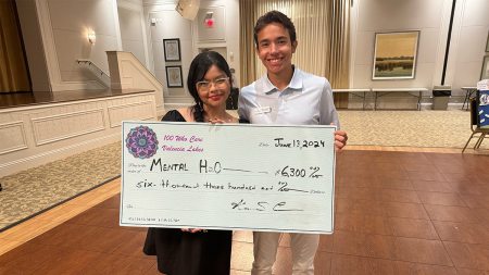 Carolina students Idania Rodriguez (left) and Garrett Livingston holding an oversized check for their nonprofit - Mental H20.