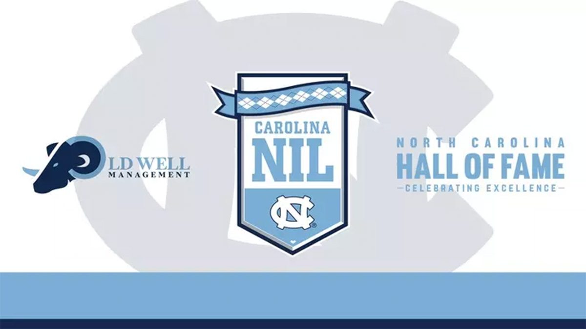 Graphic with the UNC Athletics logo and logos of Old Well Management, Carolina NIL and North Carolina Hall of Fame
