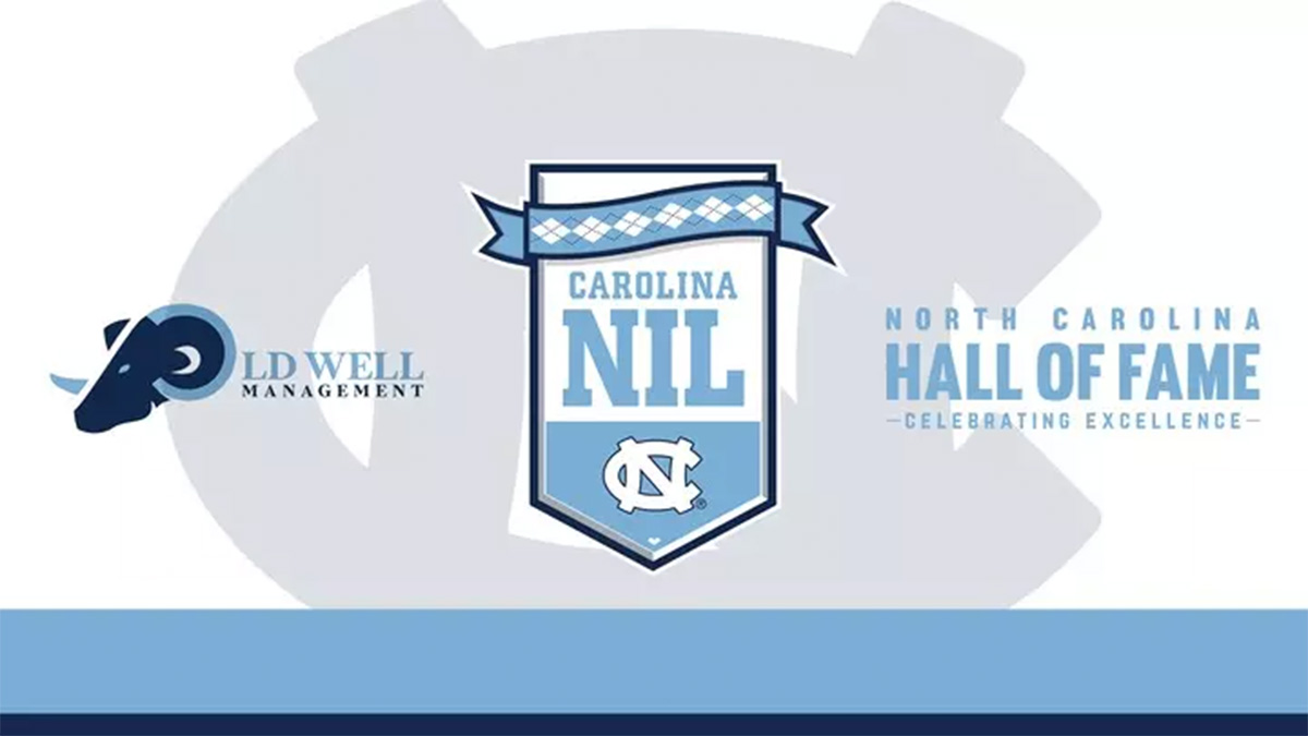 Graphic with the UNC Athletics logo and logos of Old Well Management, Carolina NIL and North Carolina Hall of Fame