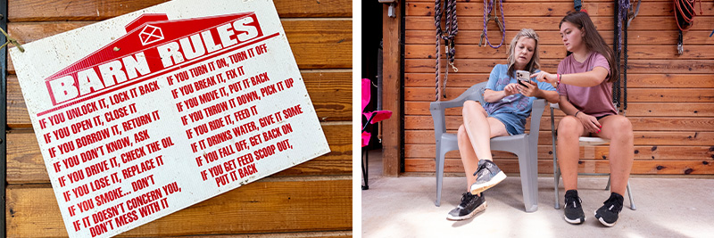 Diptych with photos of a sign reading "Barn Rules" with a list of rules and a photo of a woman, Rylea Suddreth, sitting down and looking at something on her phone with her mother, Julie Suddreth