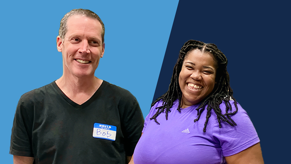 Headshots of Samantha Carter-Palmer and Bob Goldstein against a Carolina blue and dark blue background.