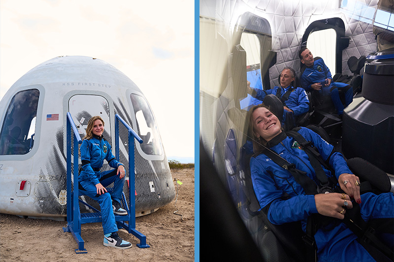 Two-photo collage with pictures of: Karsen Kitchen in an astronaut uniform posing for a portrait outside of a space capsule; and Kitchen sitting in a spaceship along with two other astronauts.