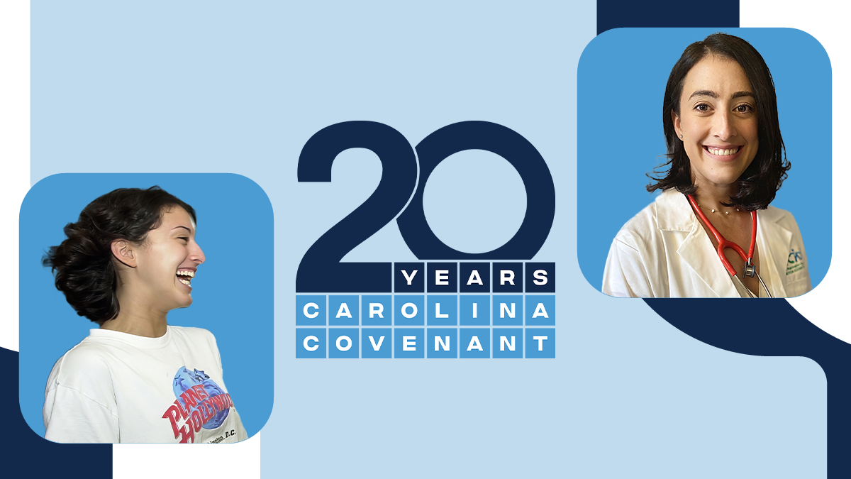 Graphic with two photos of Renatta Craven: One from her first year of college and one of her posing in her white coat as a doctor. In between the two photos is the Carolina Covenant 20th anniversary photo.