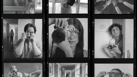 Nine-photo grid of film photographs of students in a film photography class. Eight are pictures of students in the class and one is a photo of their hands around a camera.