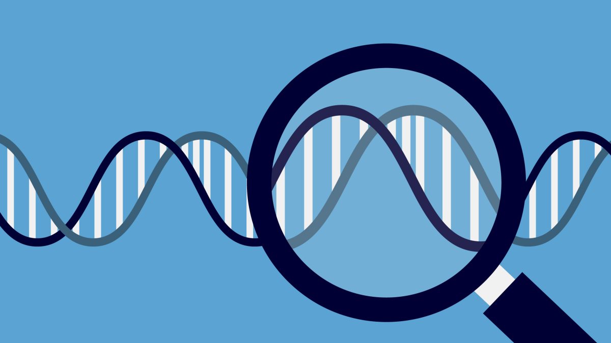 Graphic with the depiction of a microscope overlapping a DNA strand.