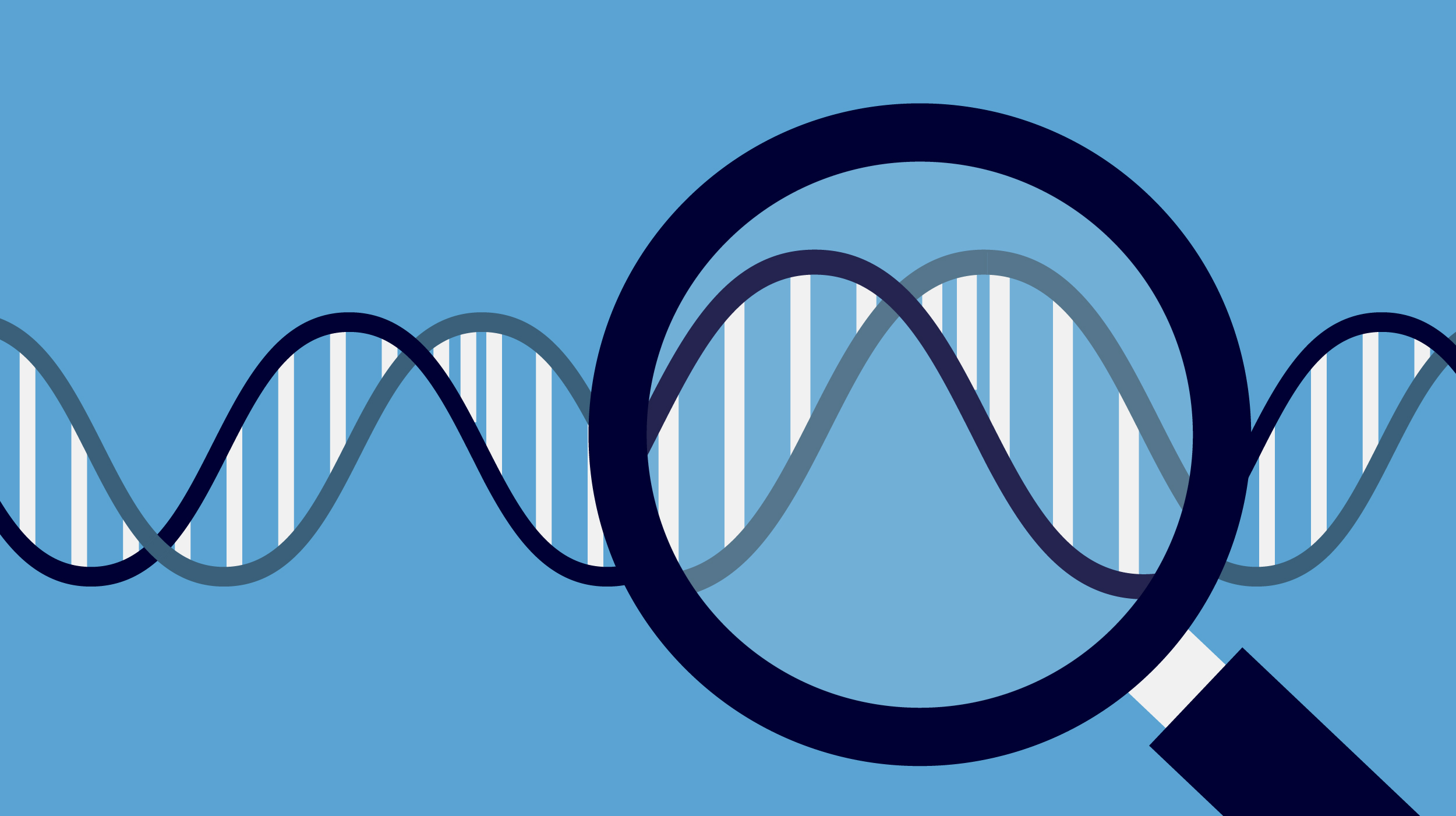 Graphic with the depiction of a microscope overlapping a DNA strand.