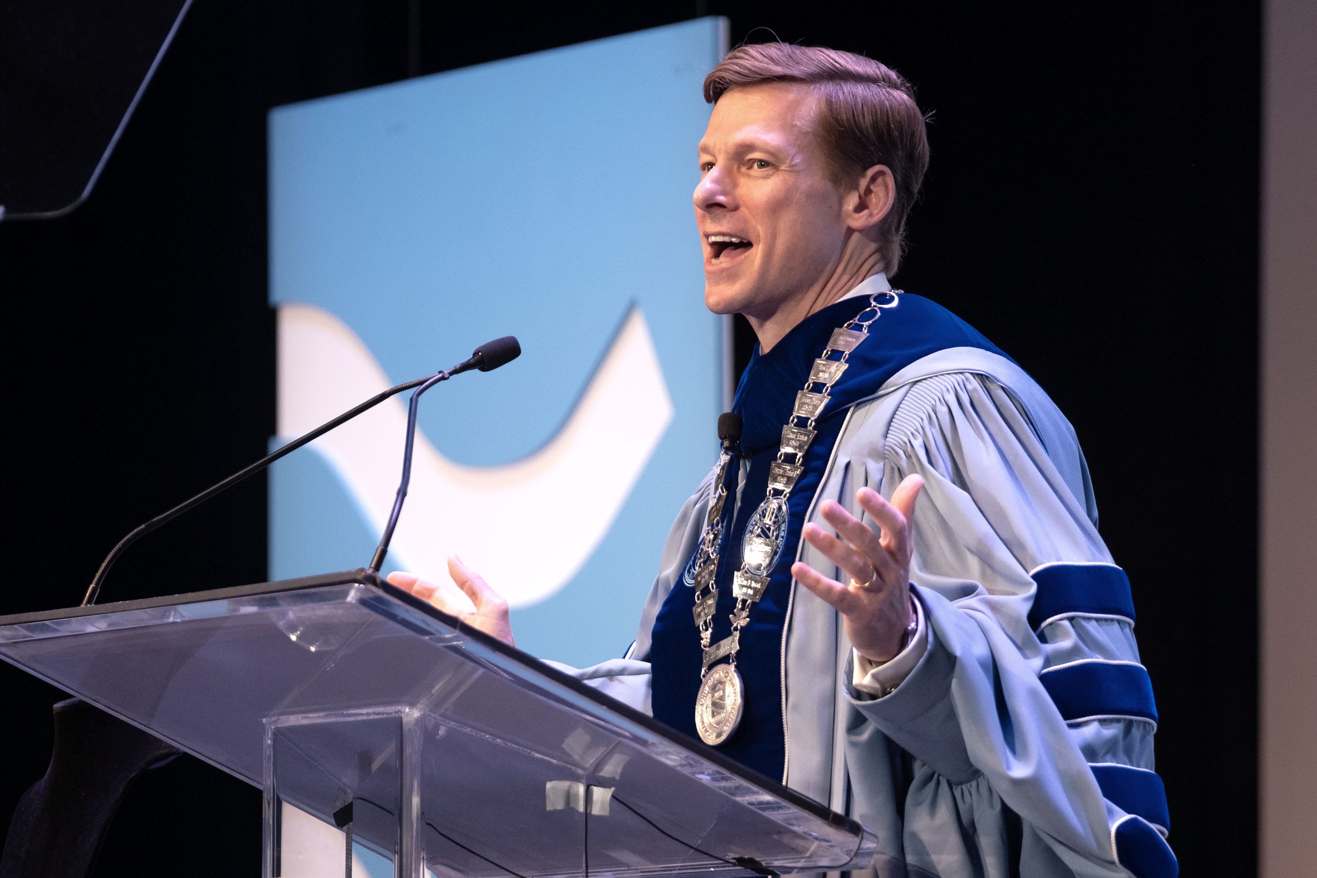 Chancellor Lee H. Roberts giving a speech during his installation on the stage at Memorial Hall on the campus of UNC-Chapel Hill.