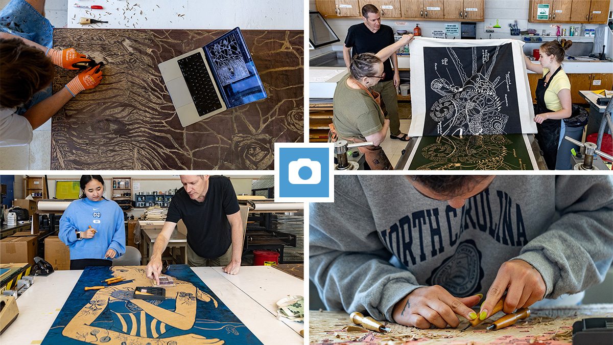 Four-photo collage of UNC-Chapel Hill students working on art projects in their course titled 