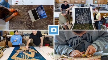 Four-photo collage of UNC-Chapel Hill students working on art projects in their course titled 