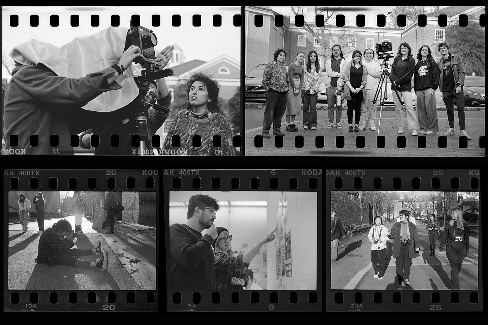 Five black-and-white photos of students in a film photography class. In addition to a group photo, the other four photos are of students either taking photographs or walking around the campus of UNC-Chapel Hill on assignment.