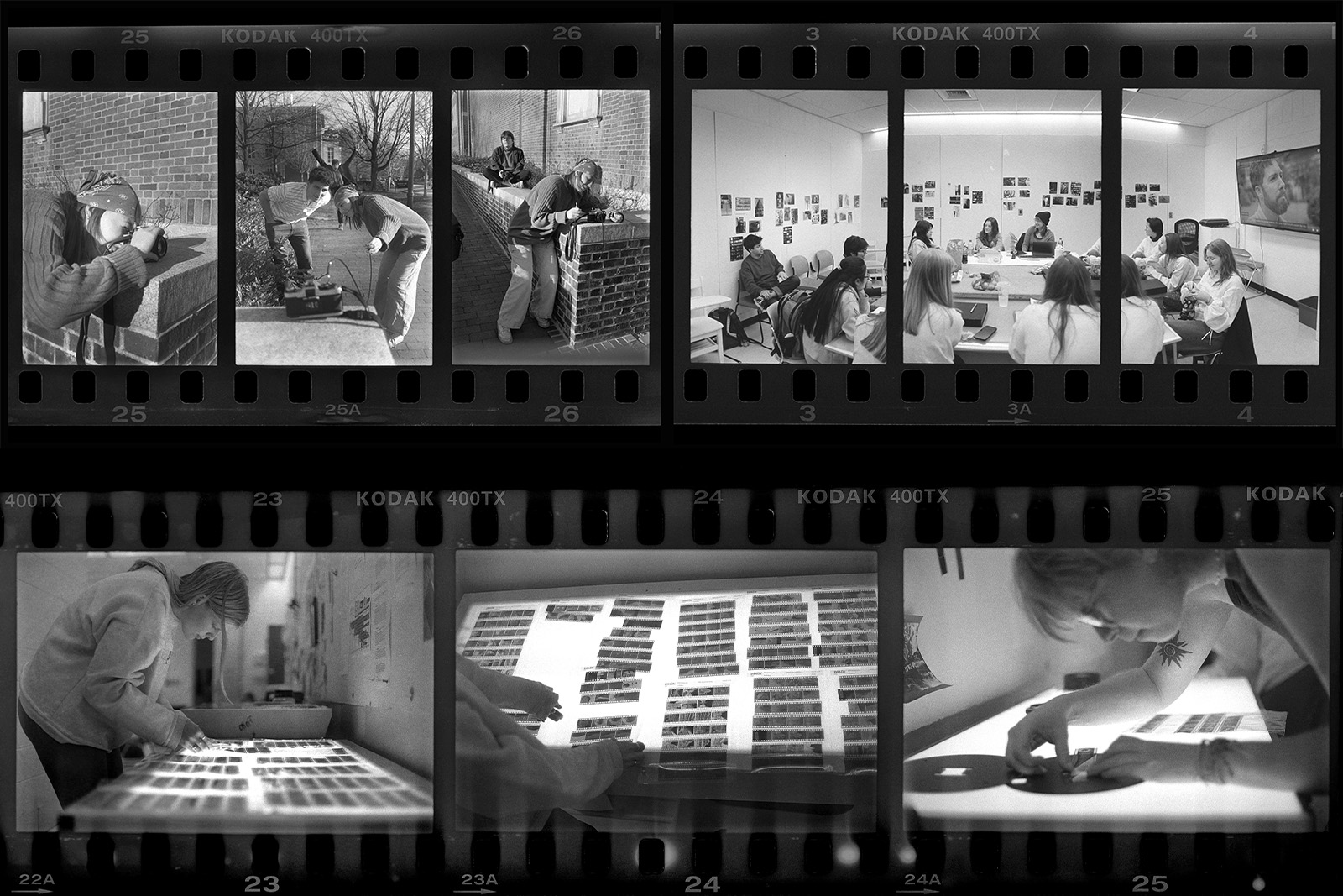 Five-photo collage of students photographing or analyzing photos in a course on film photography at UNC-Chapel Hill.