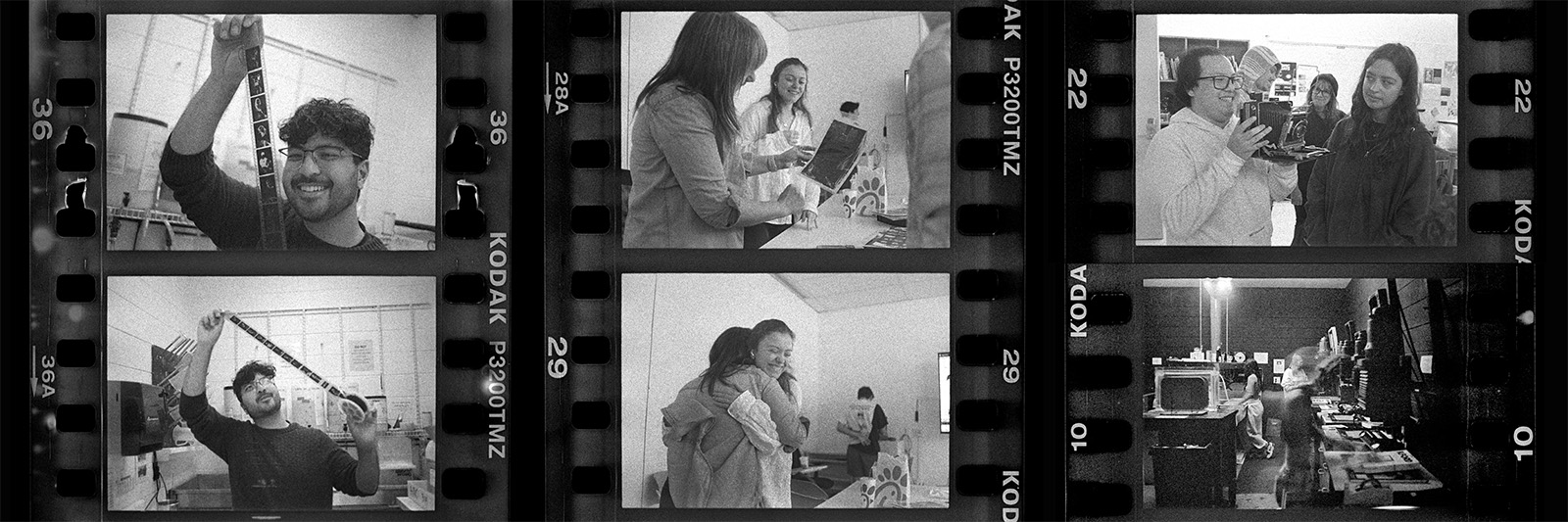 Six-photo collage of students working in a film photography class. Two photos are of a student smiling and holding up strips of film; two more are of students looking at pictures and hugging; and the last two are of talking while holding cameras.