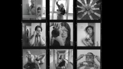 Nine-photo grid of film photographs of students in a film photography class. Eight are pictures of students in the class and one is a photo of their hands around a camera.