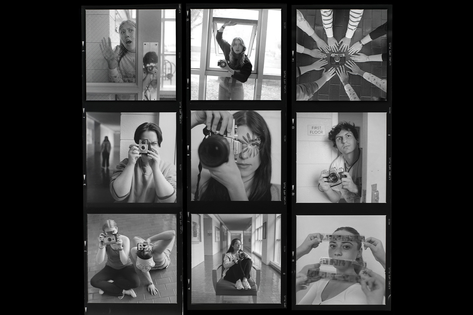 Nine-photo grid of film photographs of students in a film photography class. Eight are pictures of students in the class and one is a photo of their hands around a camera.