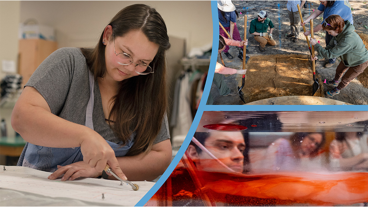 Three-photo collage of a a student working on a costume in a costume-production class; students at an archaeological dig; and a student looking at a water tank.