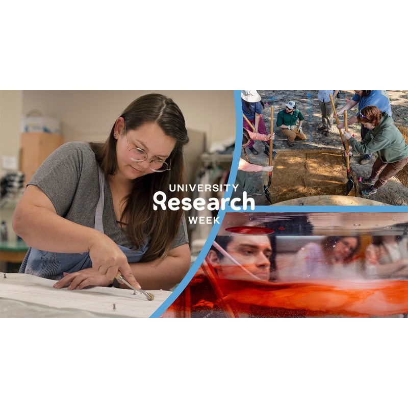 Three-photo collage of a a student working on a costume in a costume-production class; students at an archaeological dig; and a student looking at a water tank.