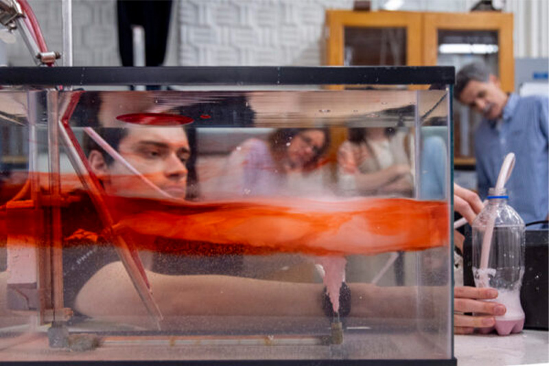 Researcher watches red particles settle in a water tank.