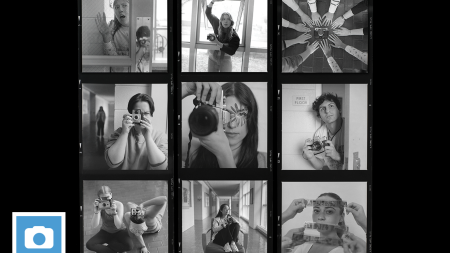 Nine-photo grid of film photographs of students in a film photography class. Eight are pictures of students in the class and one is a photo of their hands around a camera.