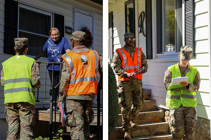 Two-photo collage of Jessica Bowling and a fellow member of the National Guard talking with Haywood County residents on their front porches following Hurricane Helene.