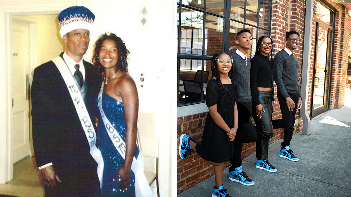 Kelvin and Ronda Bullock as high schoolers next to a photo of them with their children wearing Jordans