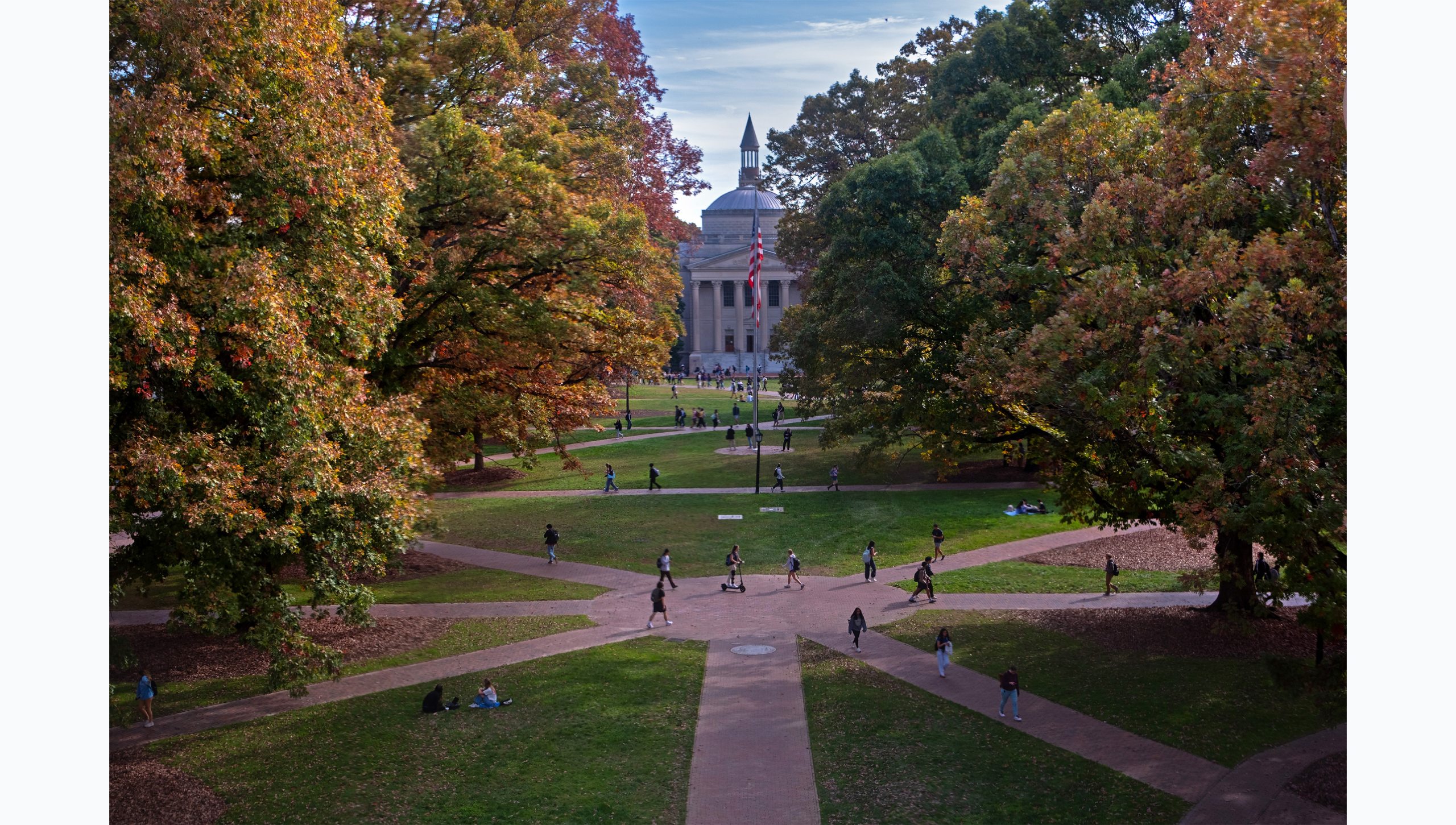 Aerial image of Polk Place, also know as the quad, on the campus of UNC-Chapel Hill on a fall day.