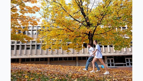 Two UNC-Chapel Hill students walking upward on the sidewalk of Cameron Avenue with a tree with yellow leaves seen in the background.