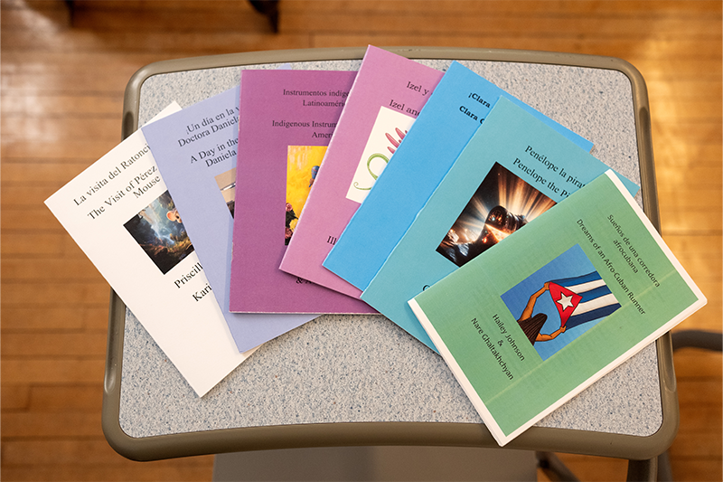 Overhead angle of six books sitting on a desk.