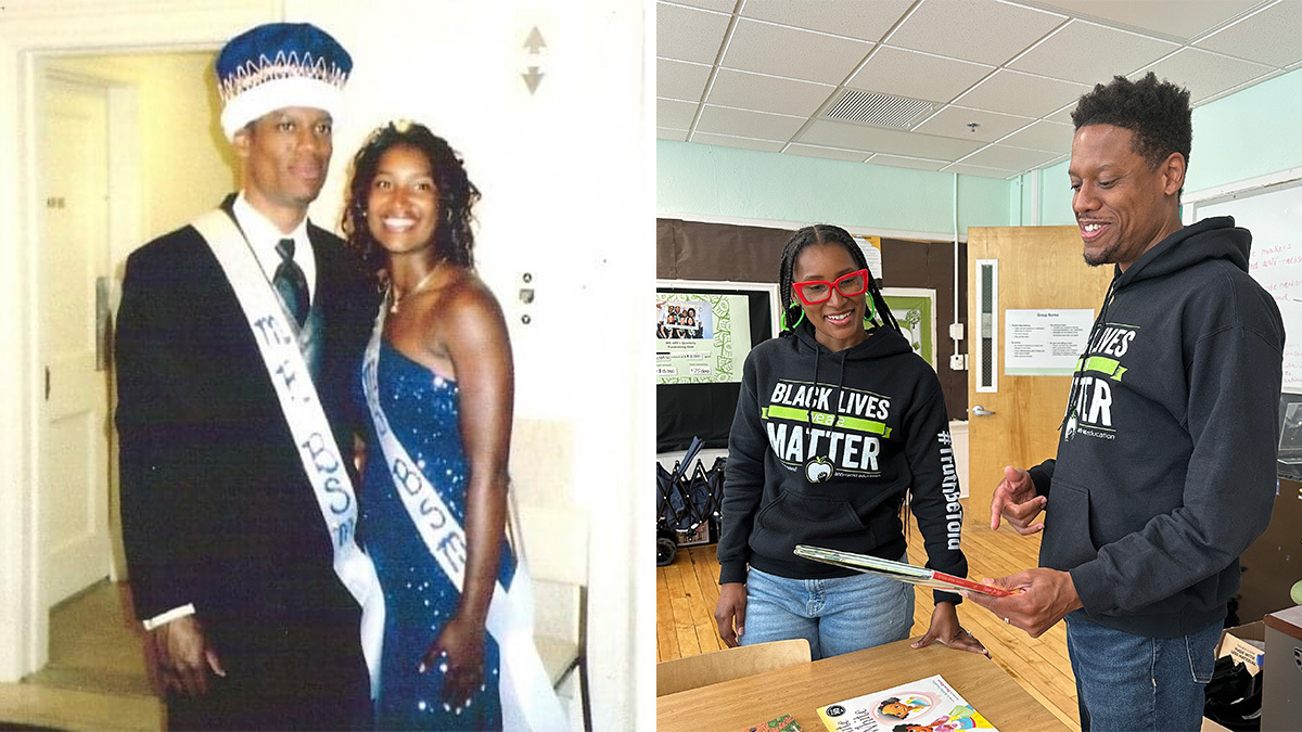 Image of Kevin and Ronda Bullock as Carolina students in 2003, next to an image of them today.