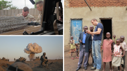 Three-photo collage: In the top left corner is a photo of Ross Boyce talking with another soldier while serving in Iraq; in the lower left is Boyce's unit completing a controlled blast, and a large smoke plume is seen behind military vehicles; and on the right is Boyce talking with community members and children in Uganda while researching solutions to malaria.