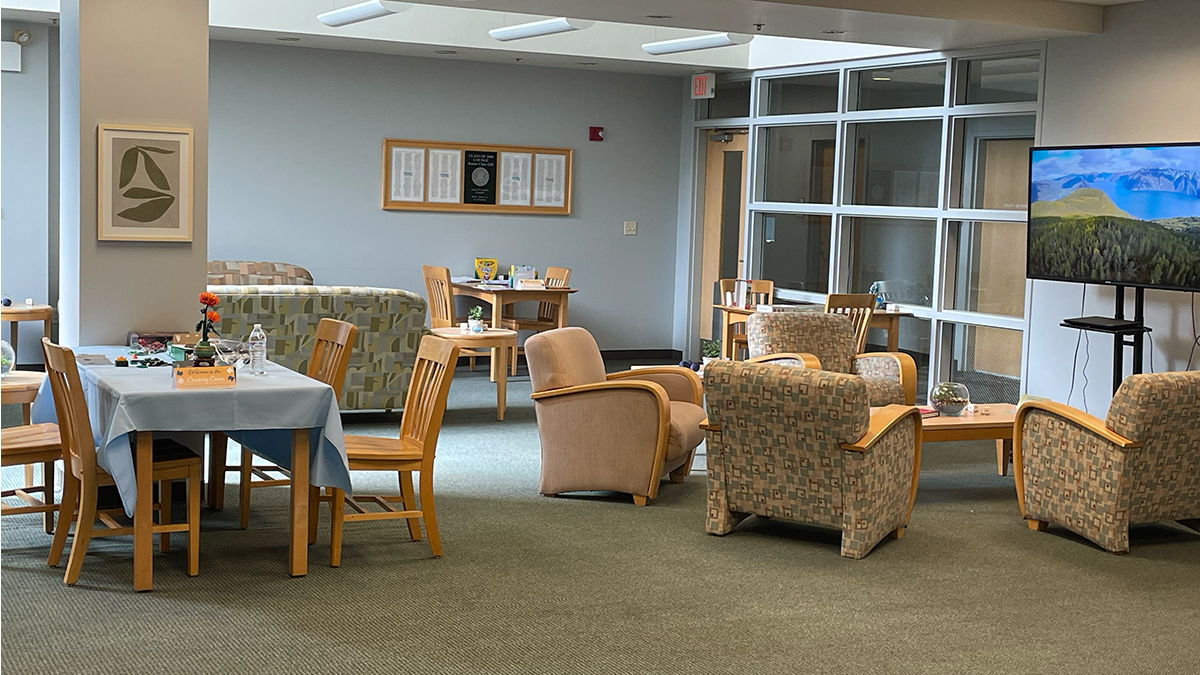 Room with a table, couches, chairs and a TV